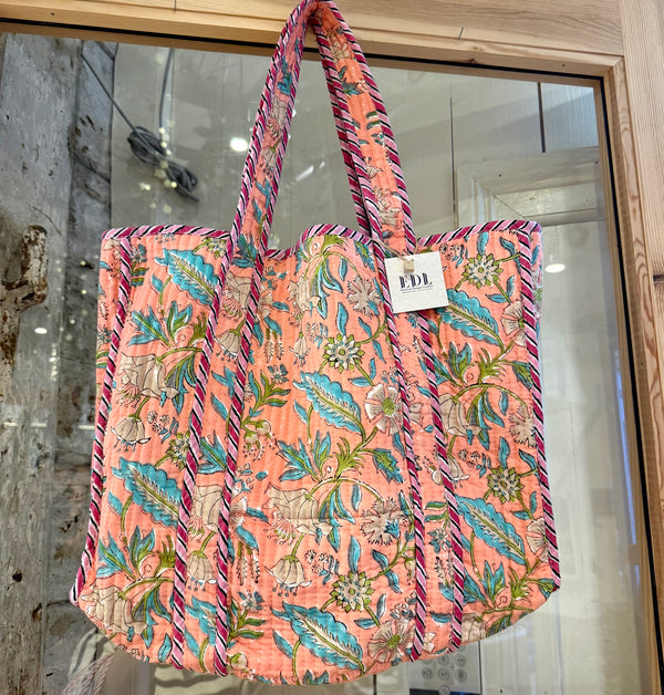 Quilted Cotton Handprint Reversible Love Garden Tote Bag - Coral - Essential Designs London
