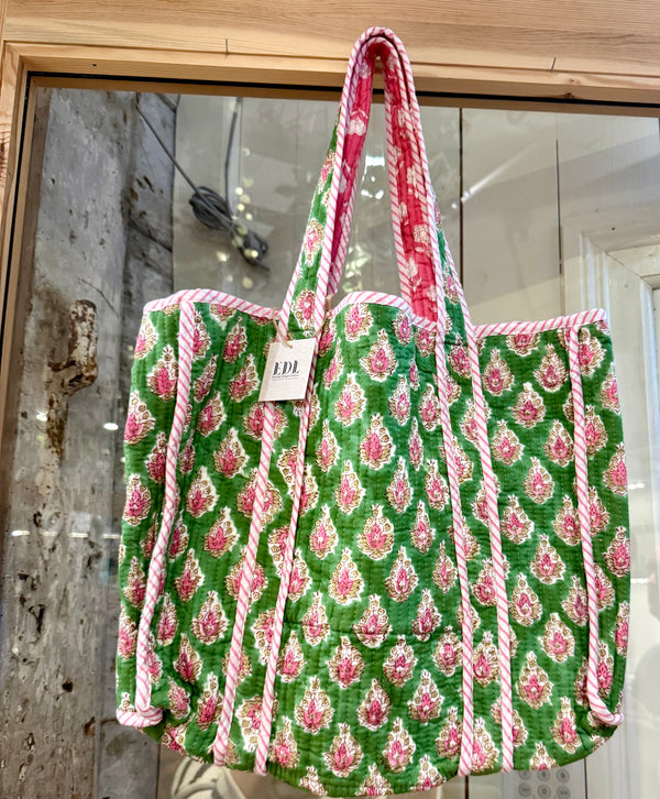 Quilted Cotton Handprint Reversible Love Garden Tote Bag - Green - Essential Designs London
