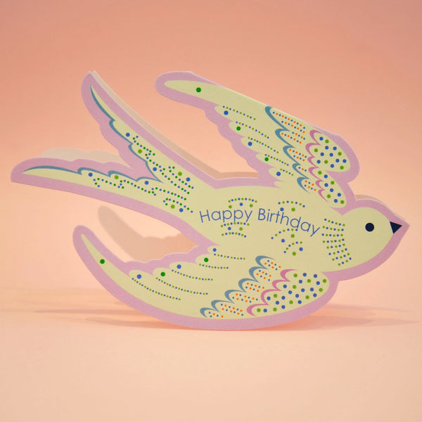 Whimsical Rocking Bird Happy Birthday - Lilac Die Cut kort - Elvira Designs
