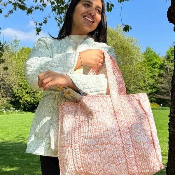 Quilted Cotton Handprinted Reversible Shell Tote Bag - Salmon Pink - Essential Designs London
