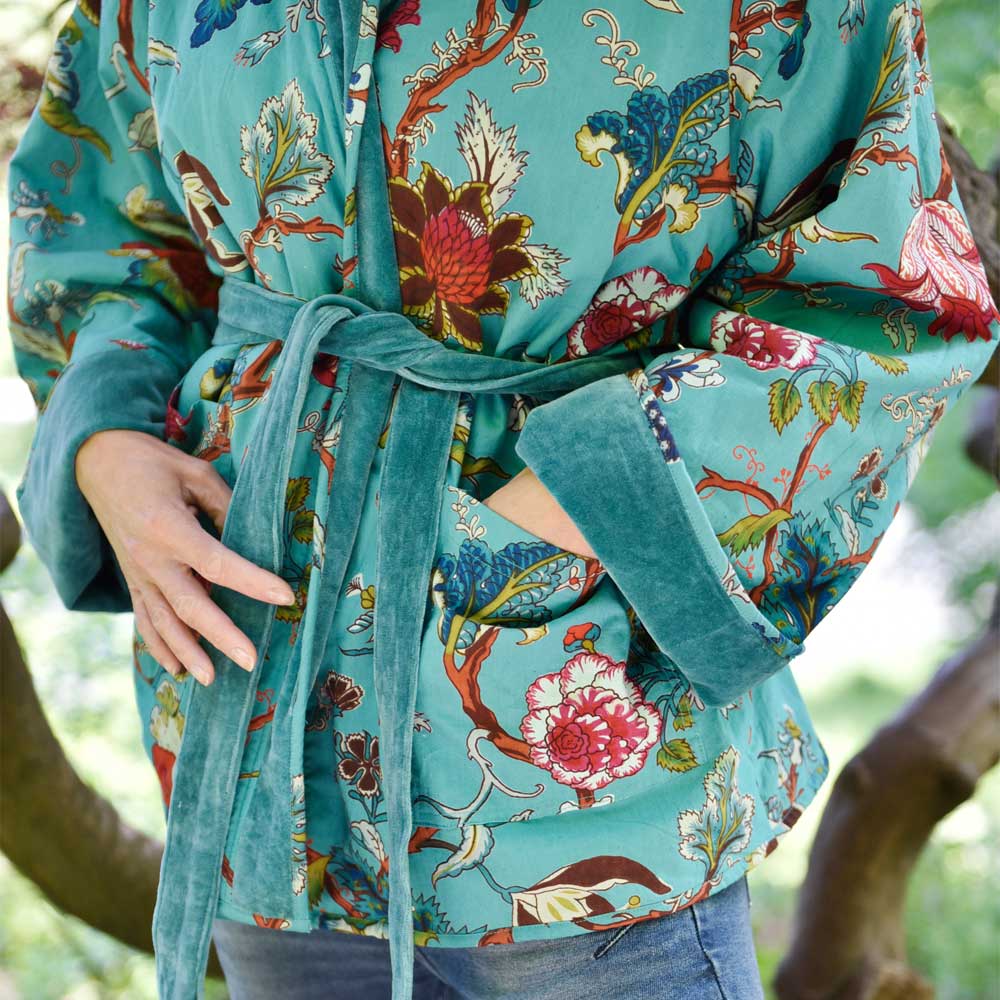 Teal Velvet/Teal Exotic Flower Cotton Print Reversible Jacket - Powell Craft - glott.no