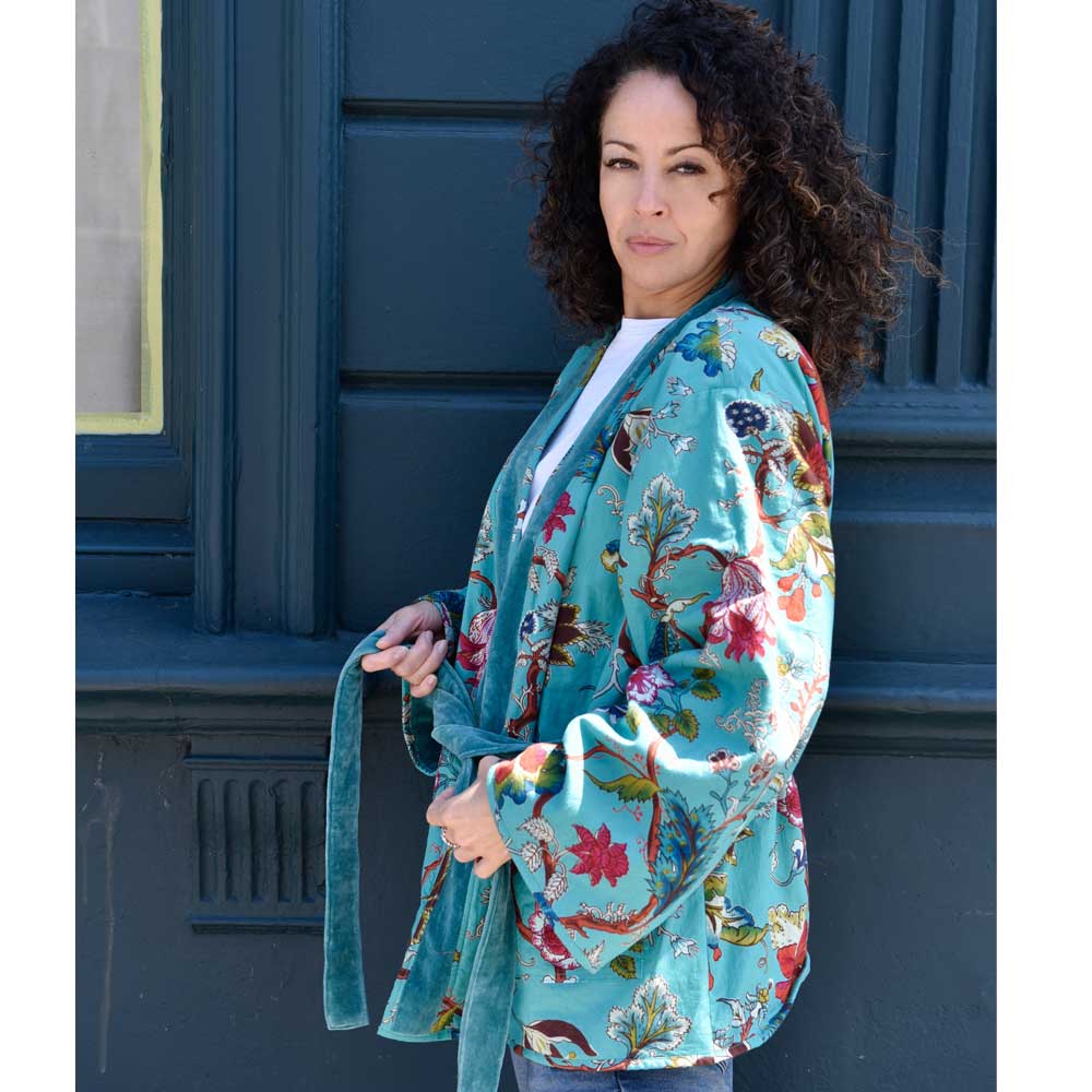 Teal Velvet/Teal Exotic Flower Cotton Print Reversible Jacket - Powell Craft - glott.no