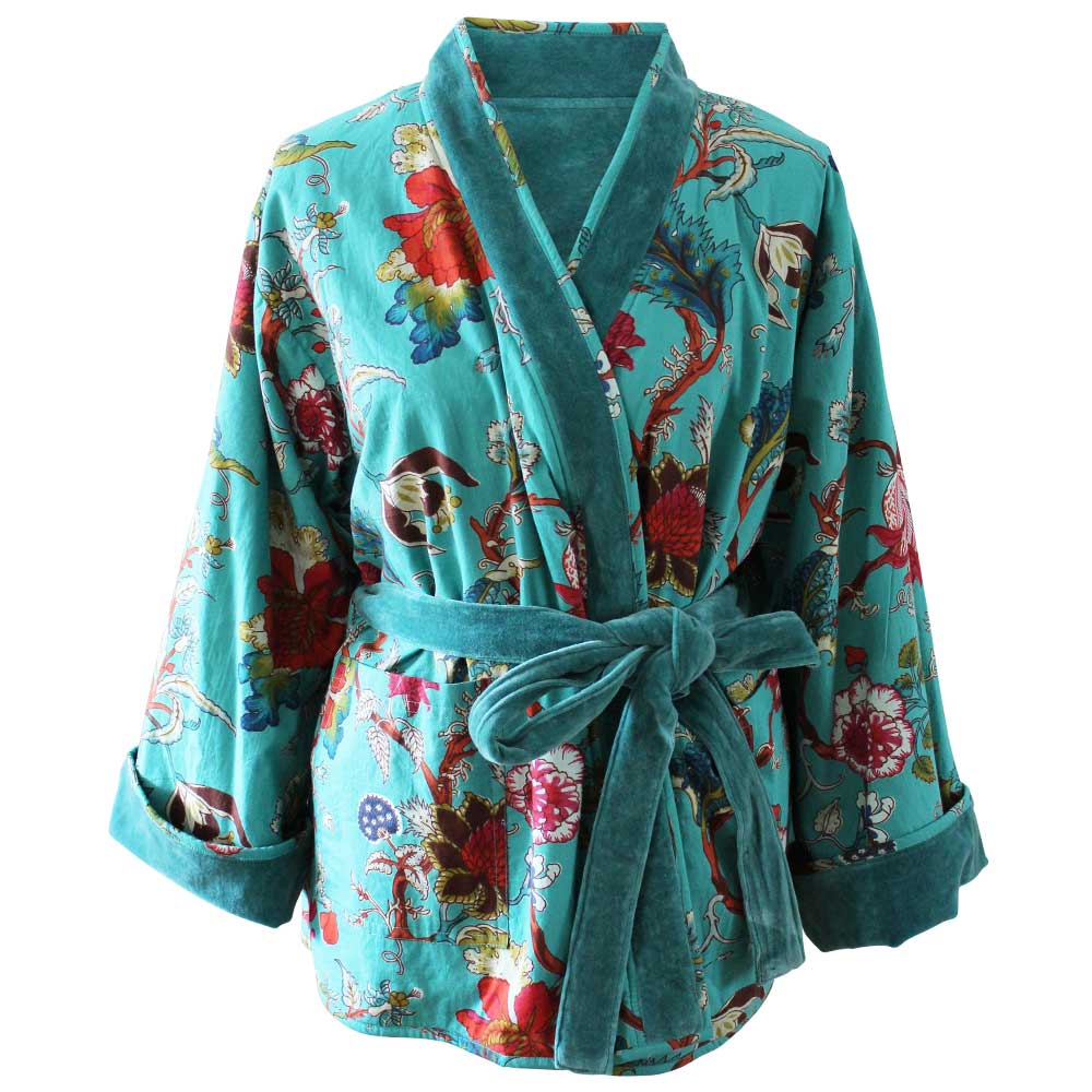 Teal Velvet/Teal Exotic Flower Cotton Print Reversible Jacket - Powell Craft - glott.no