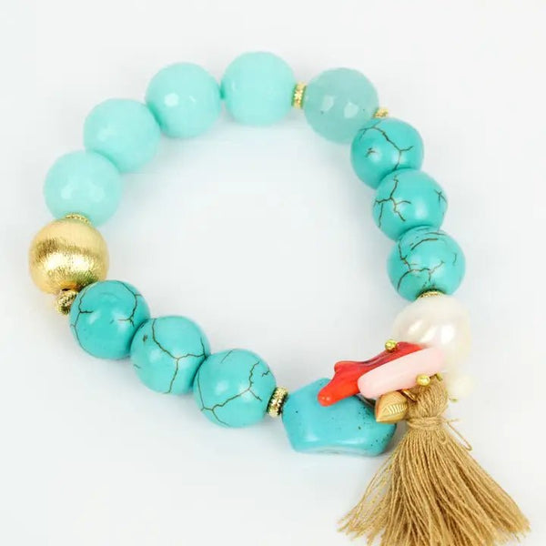 Turquoise Blue Chunky Beaded Tassel Bracelet - My Doris